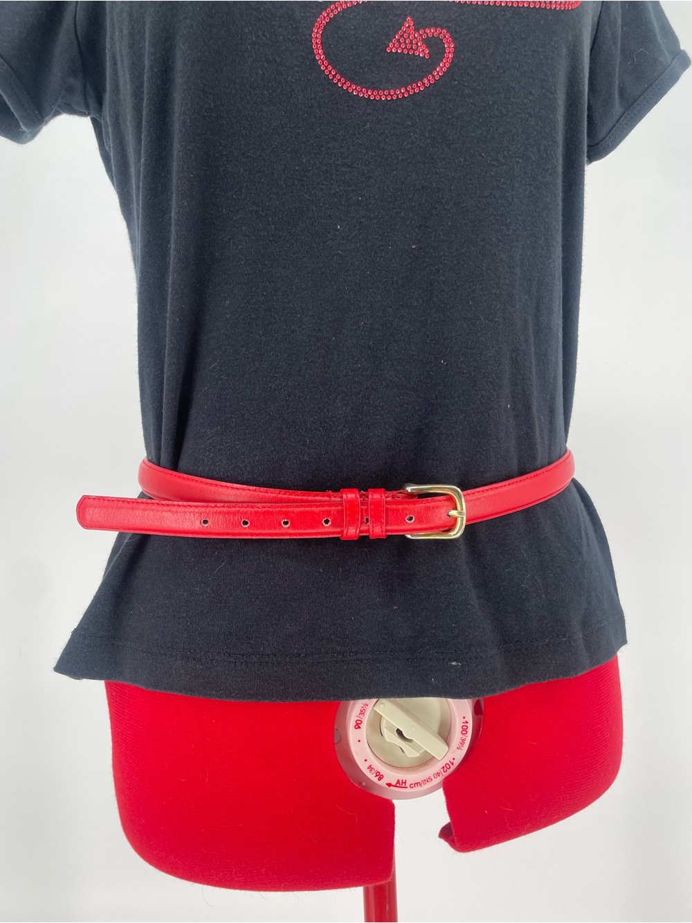 Vintage Red Genuine Leather Skinny Waist Belt W Gold Hardware